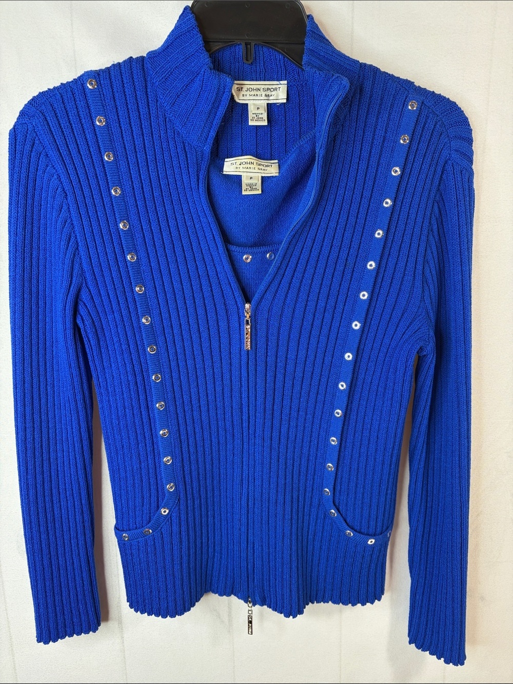 St. John Sport by Marie Gray Cobalt Blue Wool Blend Ribbed Knit Twin Set Size P